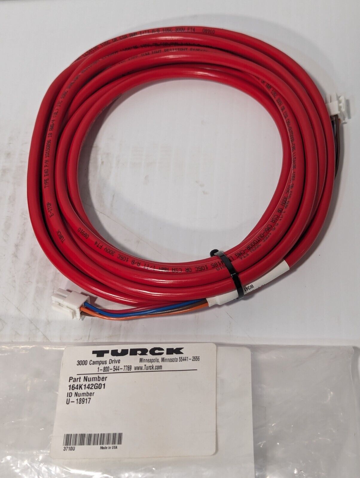 Turck U-18917 Cordset Cable 4 Pin Red Connector, 164K142G01 - Free Shipping