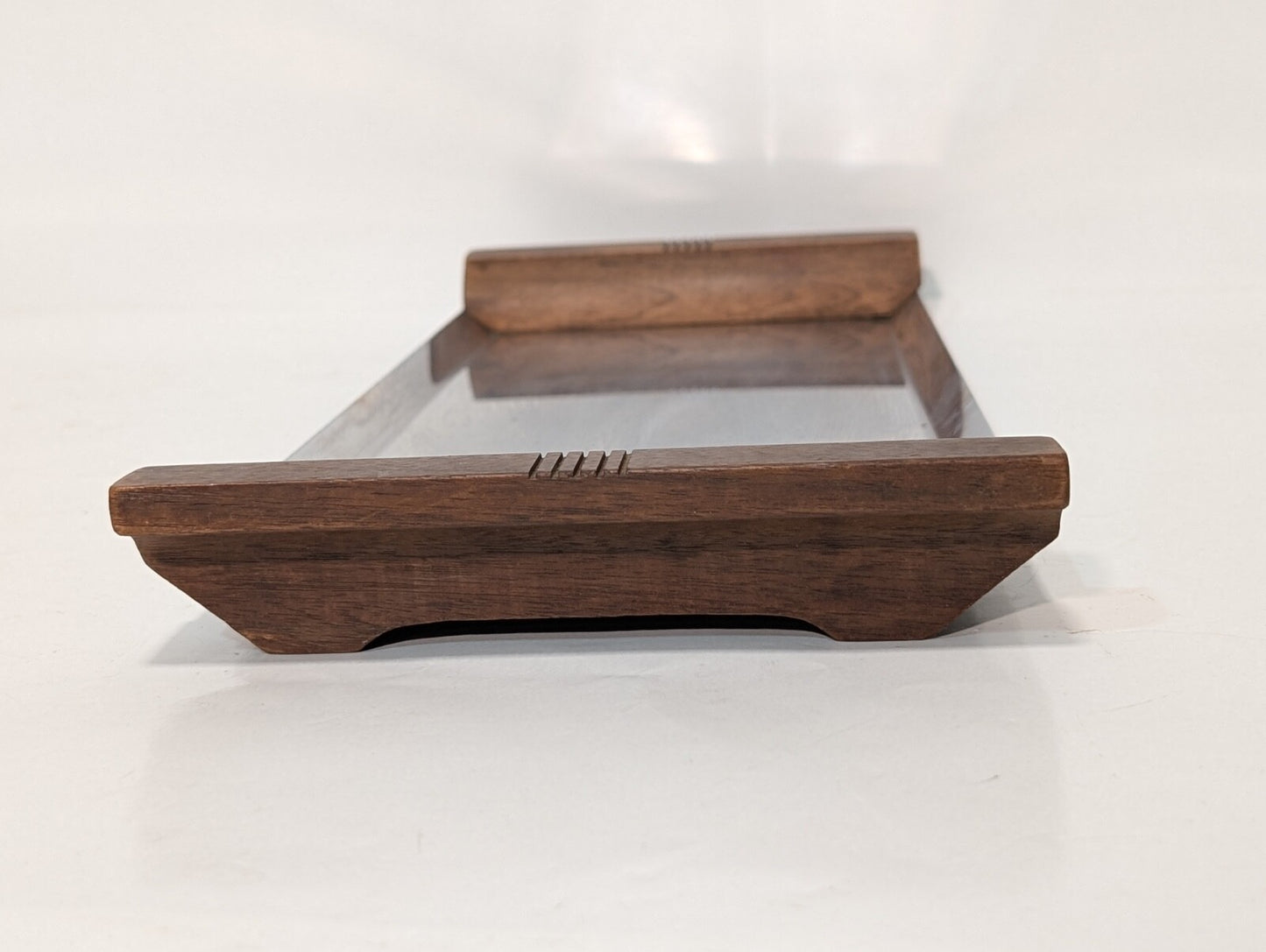 Vintage MCM Stainless Steel Serving Tray with Wooden Handles, 7-3/4" x 19"