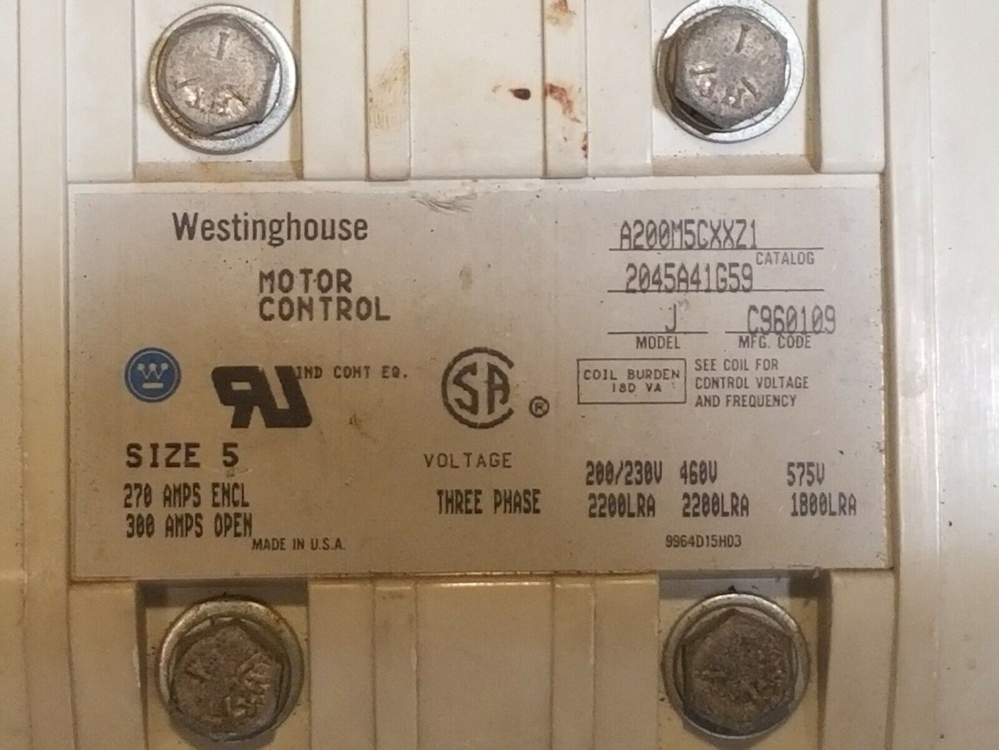 Westinghouse Motor Control Model J A200M5CXXZ1 2045A41G59 with 440/480VAC coil