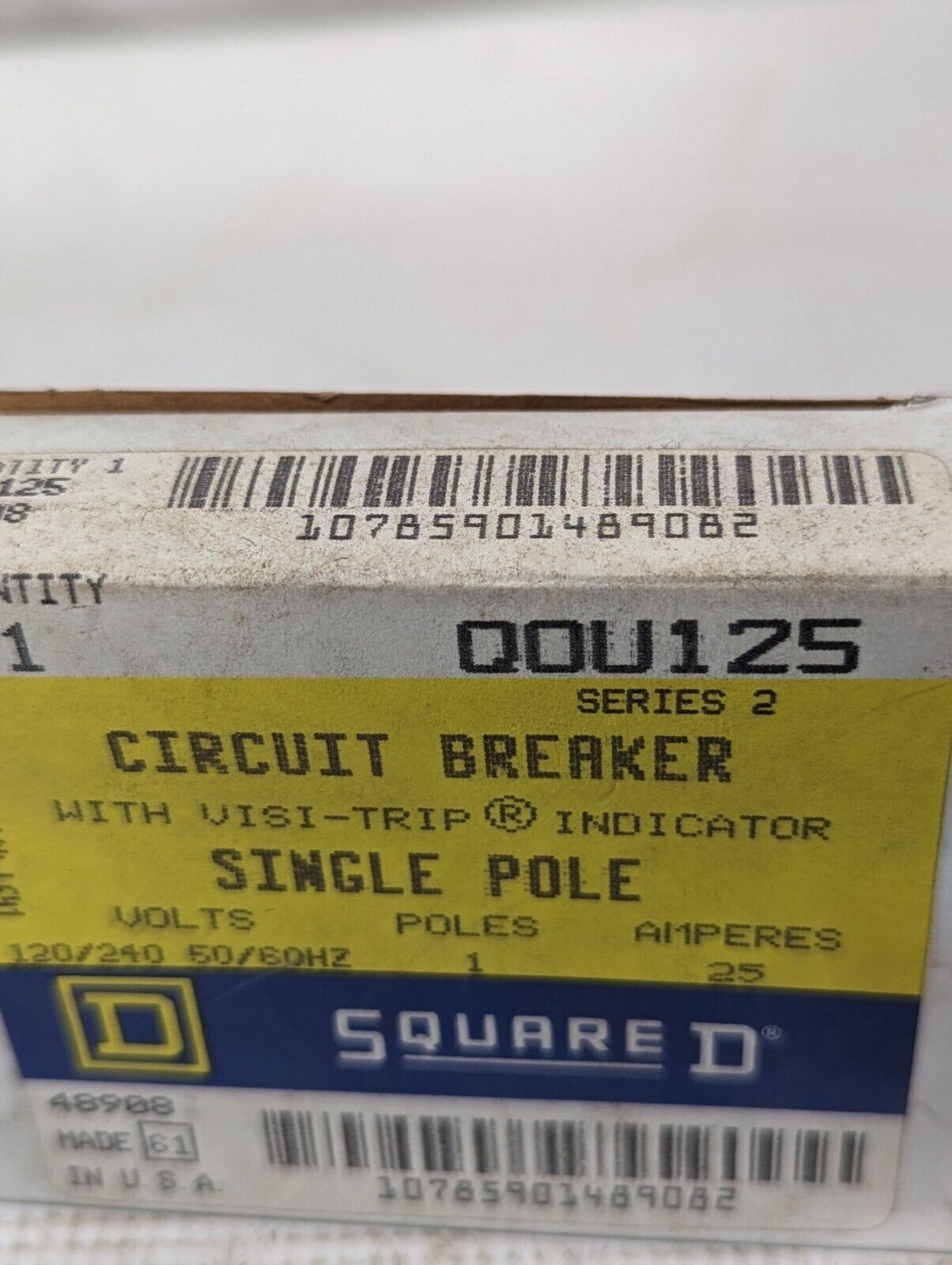 Square D QOU125, Circuit Breaker, 25A, 1 pole, 120/240 VAC