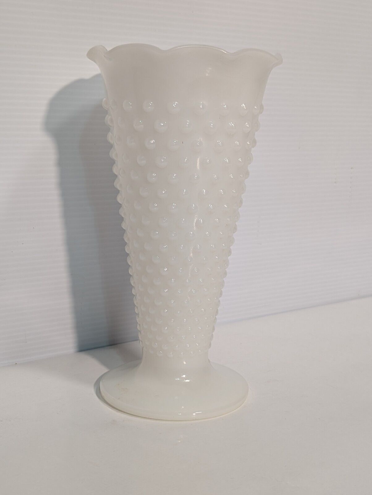 Vintage Anchor Hocking Milk Glass Hobnail Trumpet Vase Ruffled Scalloped Rim