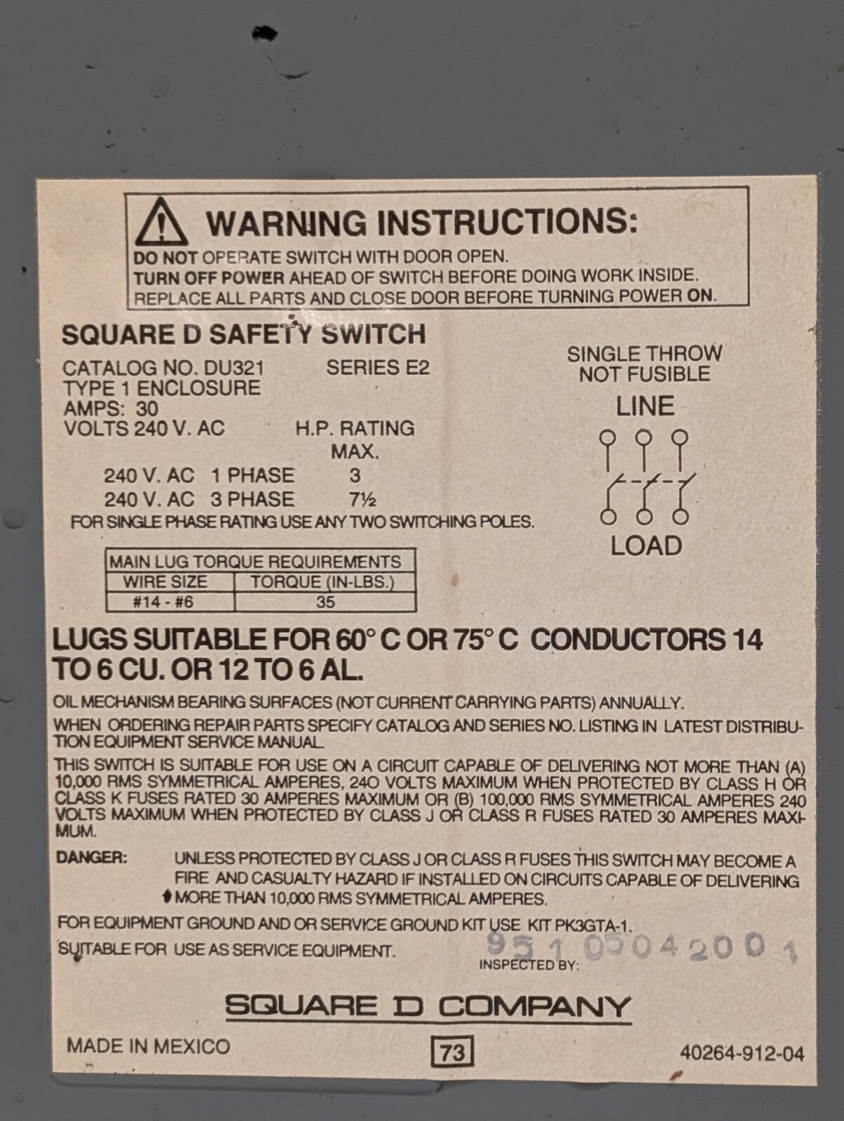 Square D DU321 Safety Switch: Non-Fusible, 30a, 240vac, 3Ph, Galvanized Steel