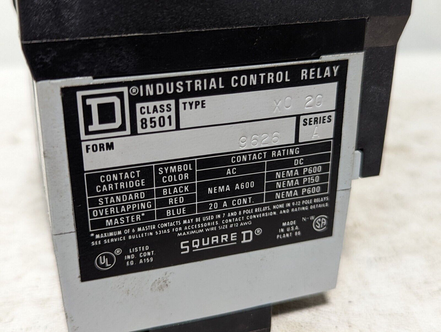 Square D 8501X020 industrial control relay, type X