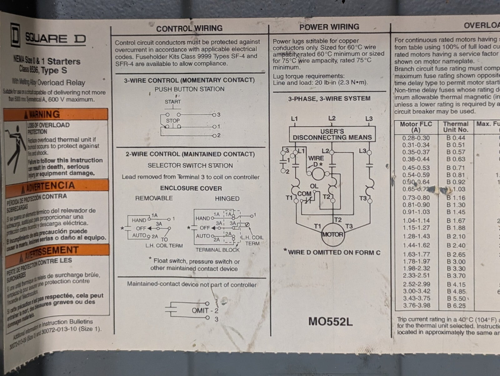 Square D 8536SBG2 Magnetic Motor Starter, Series A, NEMA 0, 480vac Coil, 18A