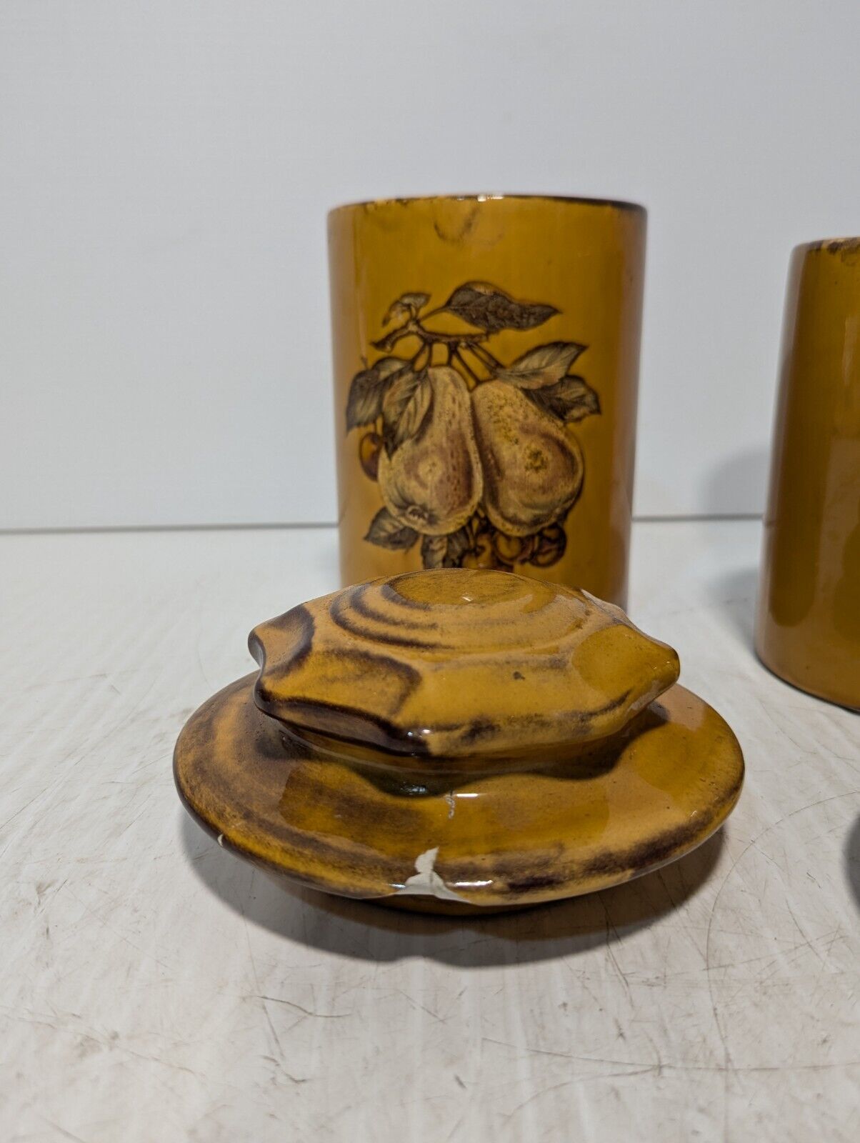 Vintage 60s Canister Set of 3, Vineyard Fall Design, Kitchen Deco -Free Shipping