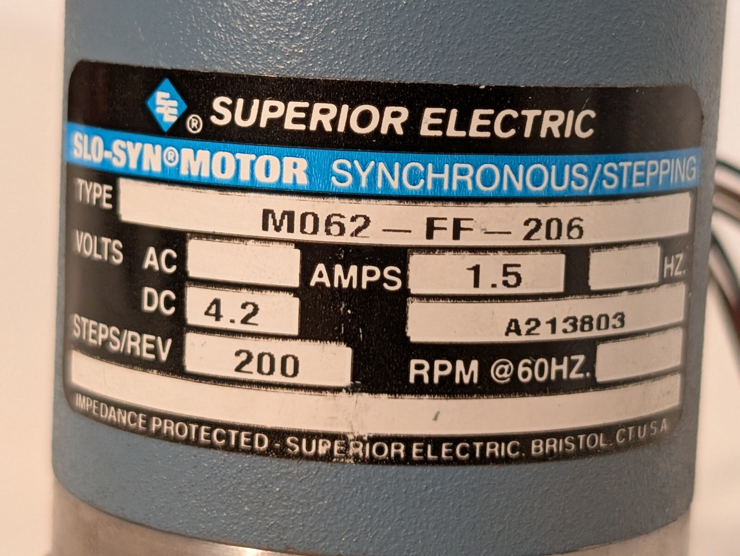 Superior Electric M062-FF-206 Slo-Syn Stepping Motor, 200rpm, 1.5A, 4.2vdc
