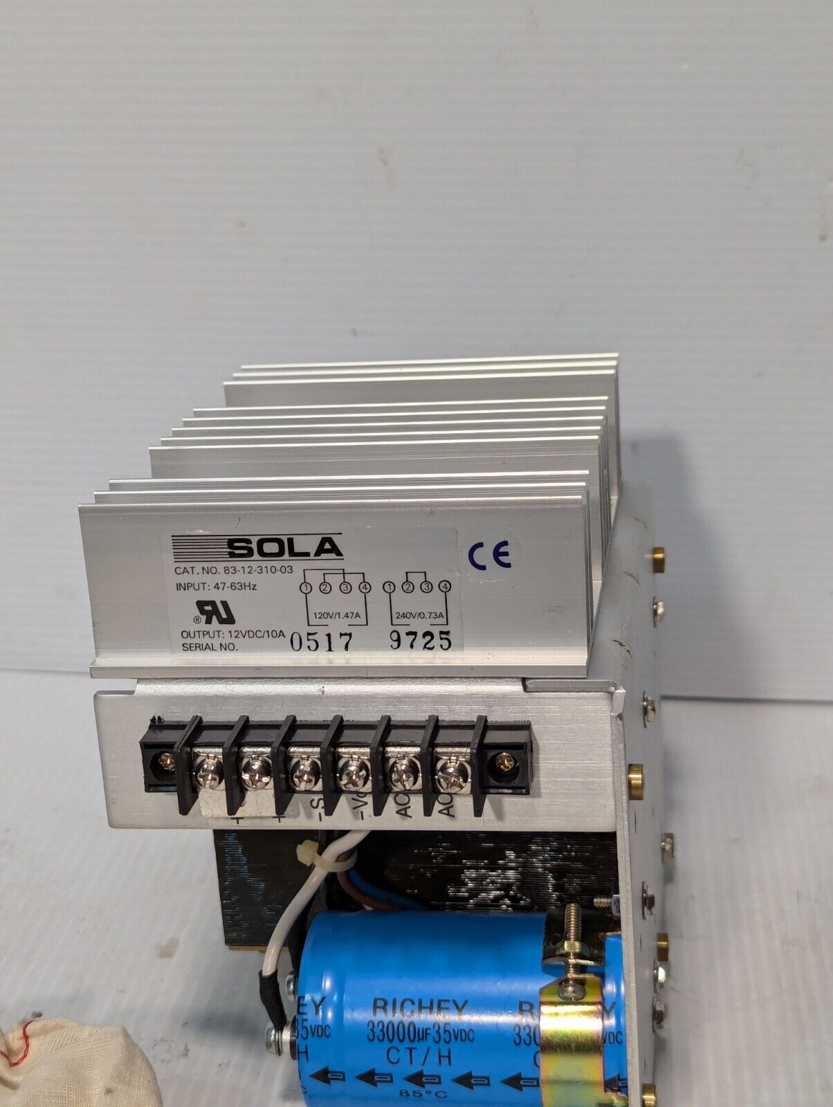 SOLA 83-12-310-03 power supply, output 12VDC/10A, input 120/240VAC, 47-63Hz