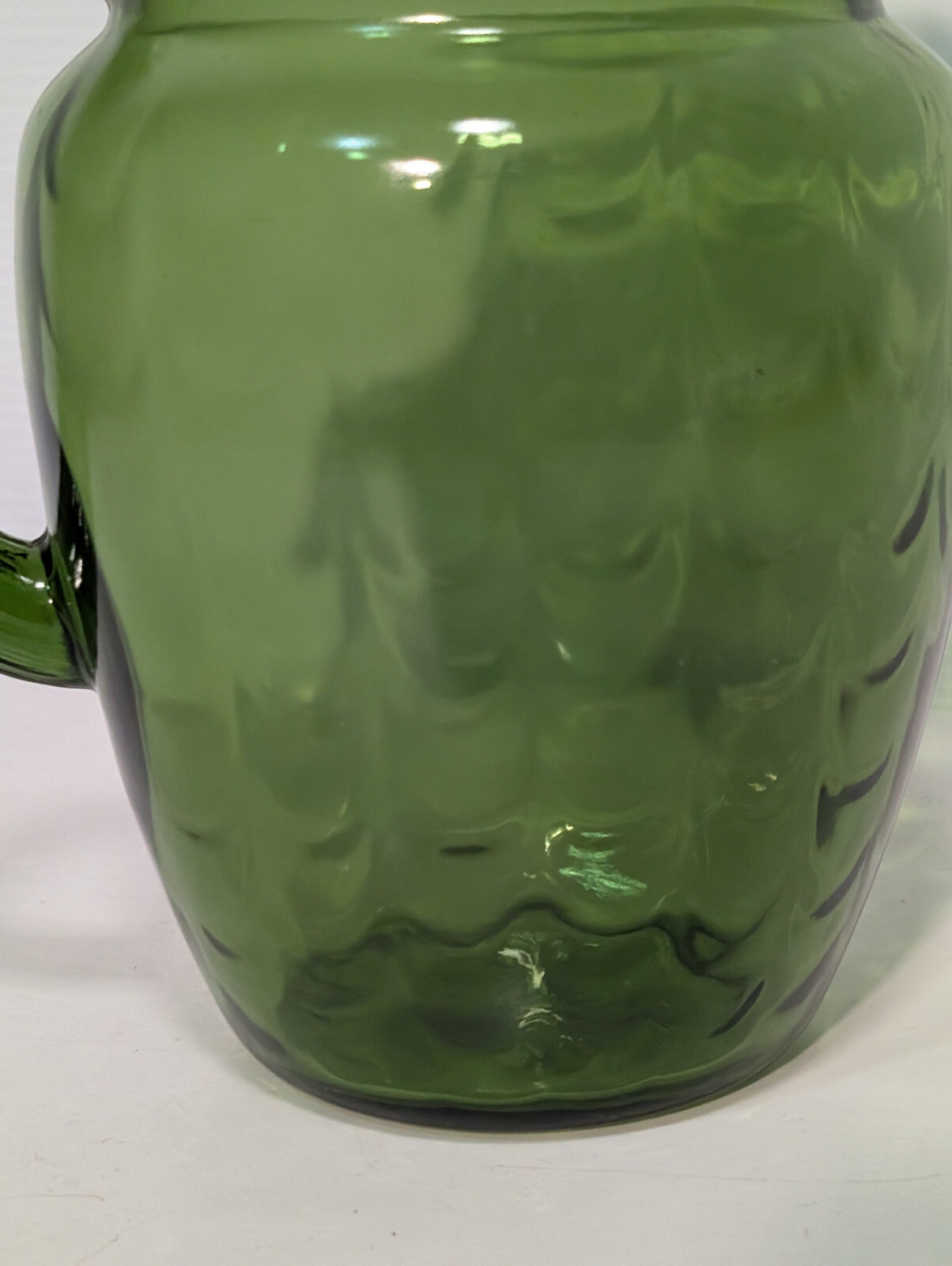 Vintage 1970s Olive Avocado Green Scale Textured Glass Water Pitcher 8" Tall