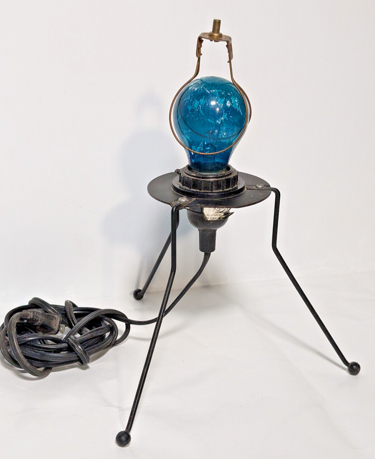 Vintage 1980s blue bulb, black metal, stilt lamp, minimalist, post-modern, pop