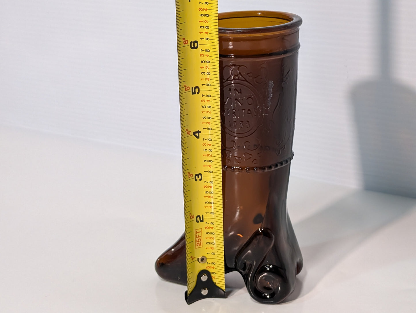 Vintage 1960/70s In Vino Veritas Wine Boot Brown Amber Shot Glass Bud Vase 6"x2"