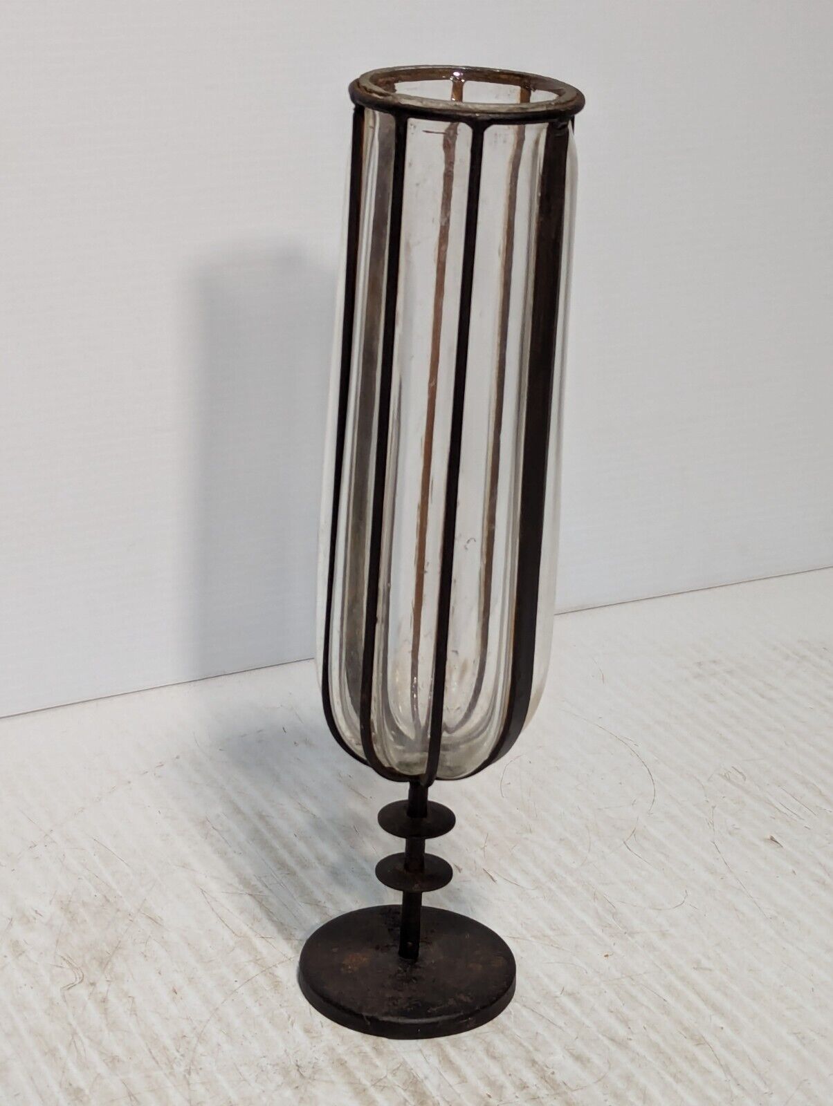 Set of 3 Rare Vintage Brutalist, Metal Caged Blown Glass Vases - Free Shipping