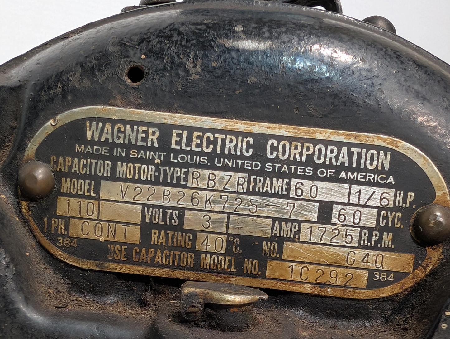 Wagner Electric V22B26K725-7 Type RBZR Capacitor Motor 1/6HP 1PH 110V 1725RPM