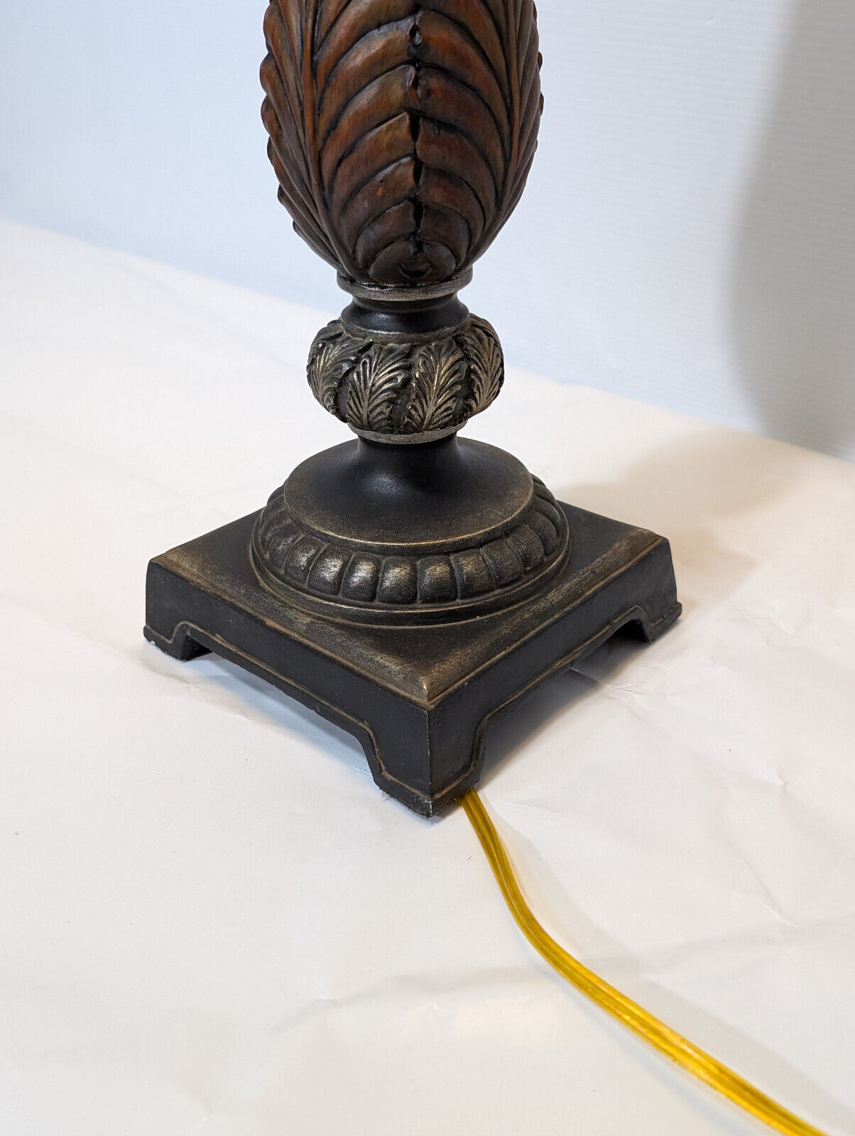 Vintage 1970s Wood, Leaf, Gold, 36" Table Lamp, Teak, Earthy, Eclectic, Nouveau