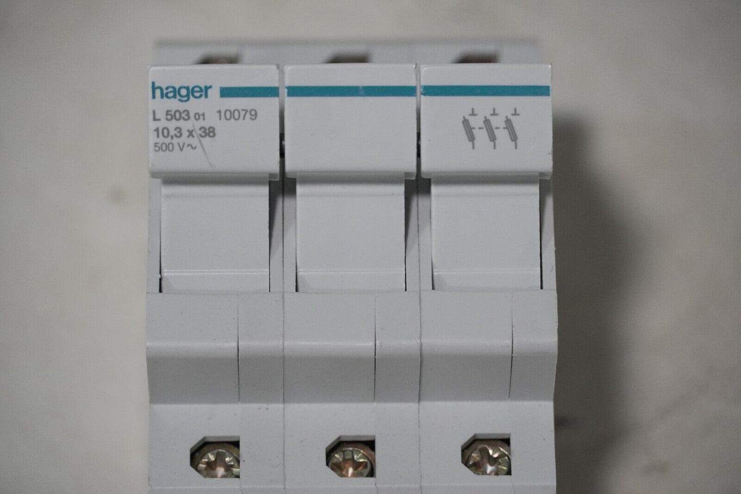 Hager 10079 fuse holder, L503-01, 10.3x38, 3 pole, 500VAC