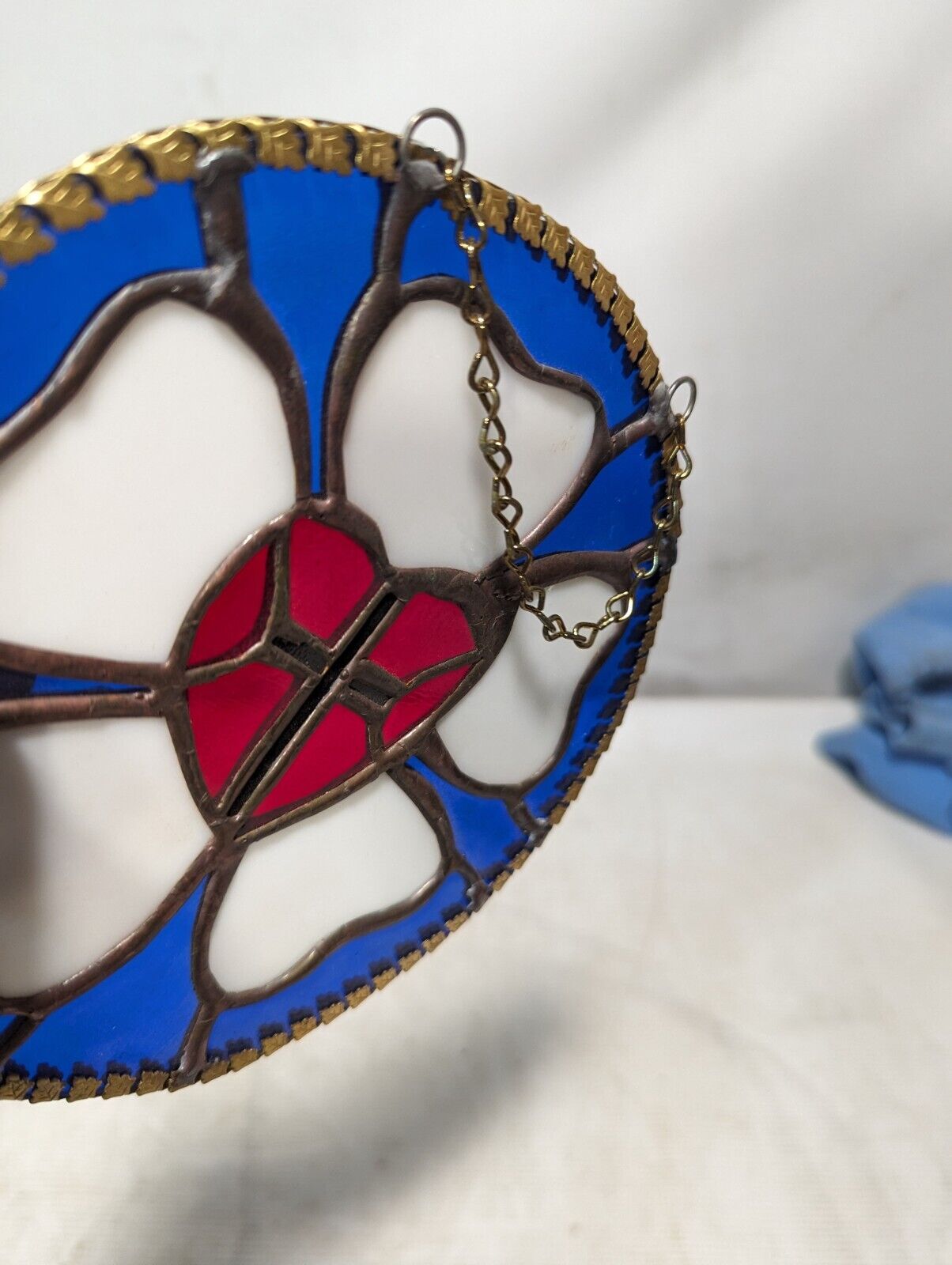 Vintage 7" Stained Glass Medallion Blue Background, White Clover, Red Heart