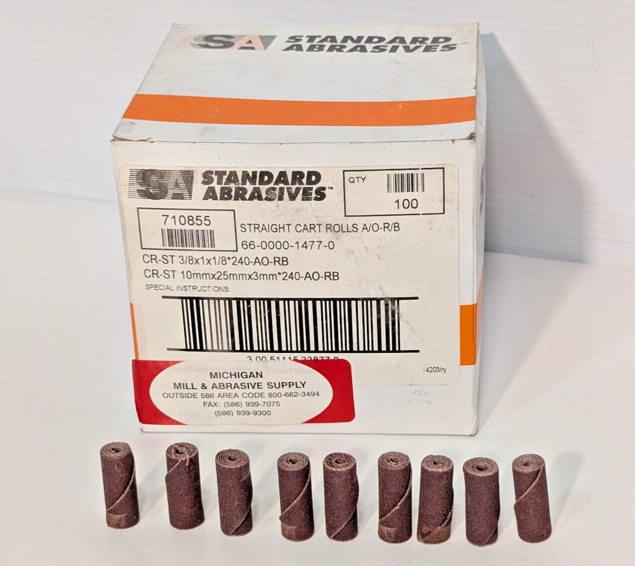 Standard Abrasives 710855 Straight Cartridge Rolls 3/8x1x1/8 240 Grit 100 Count