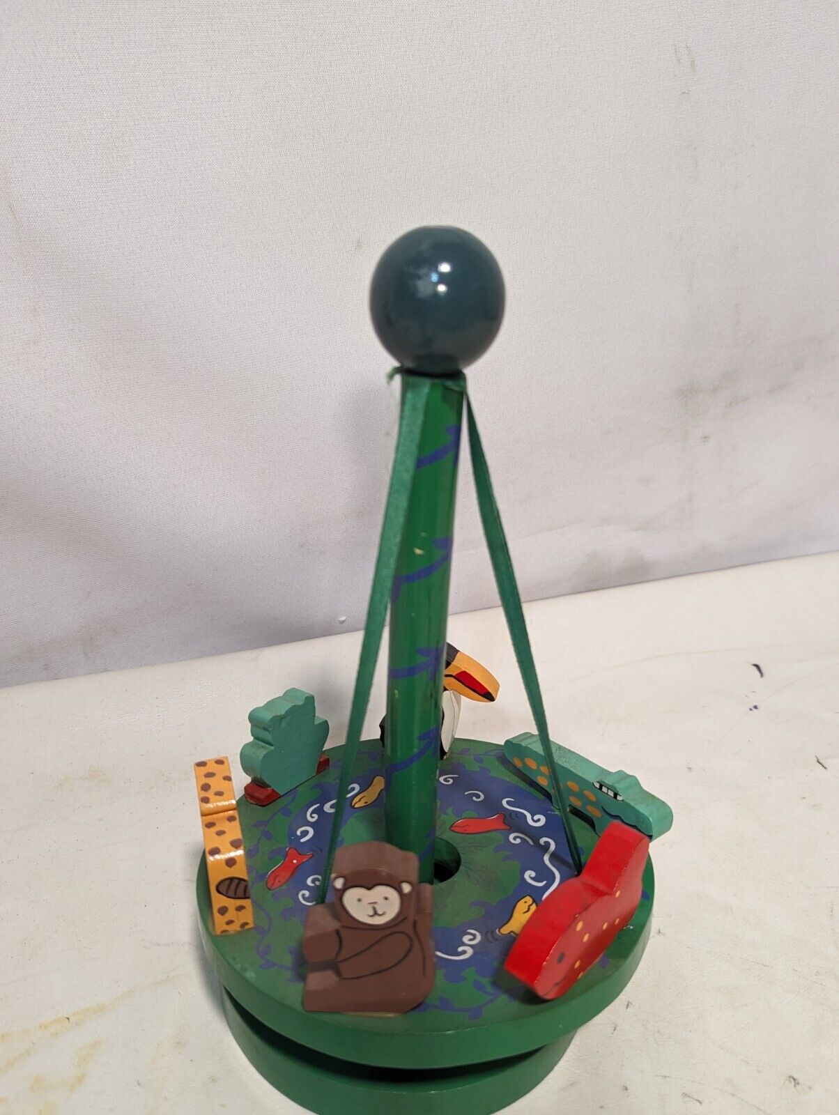Vintage Maypole Carousel Toy with Wooden Animals 11" tall x 5.5" diameter