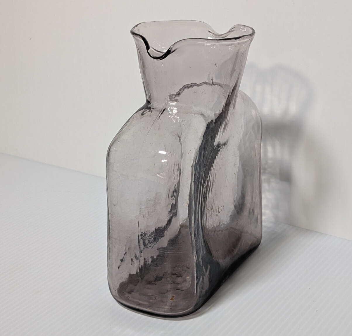 Vintage Blenko Art Glass Carafe, Vase, Grey Smoke, MCM, Textured, Organic Design