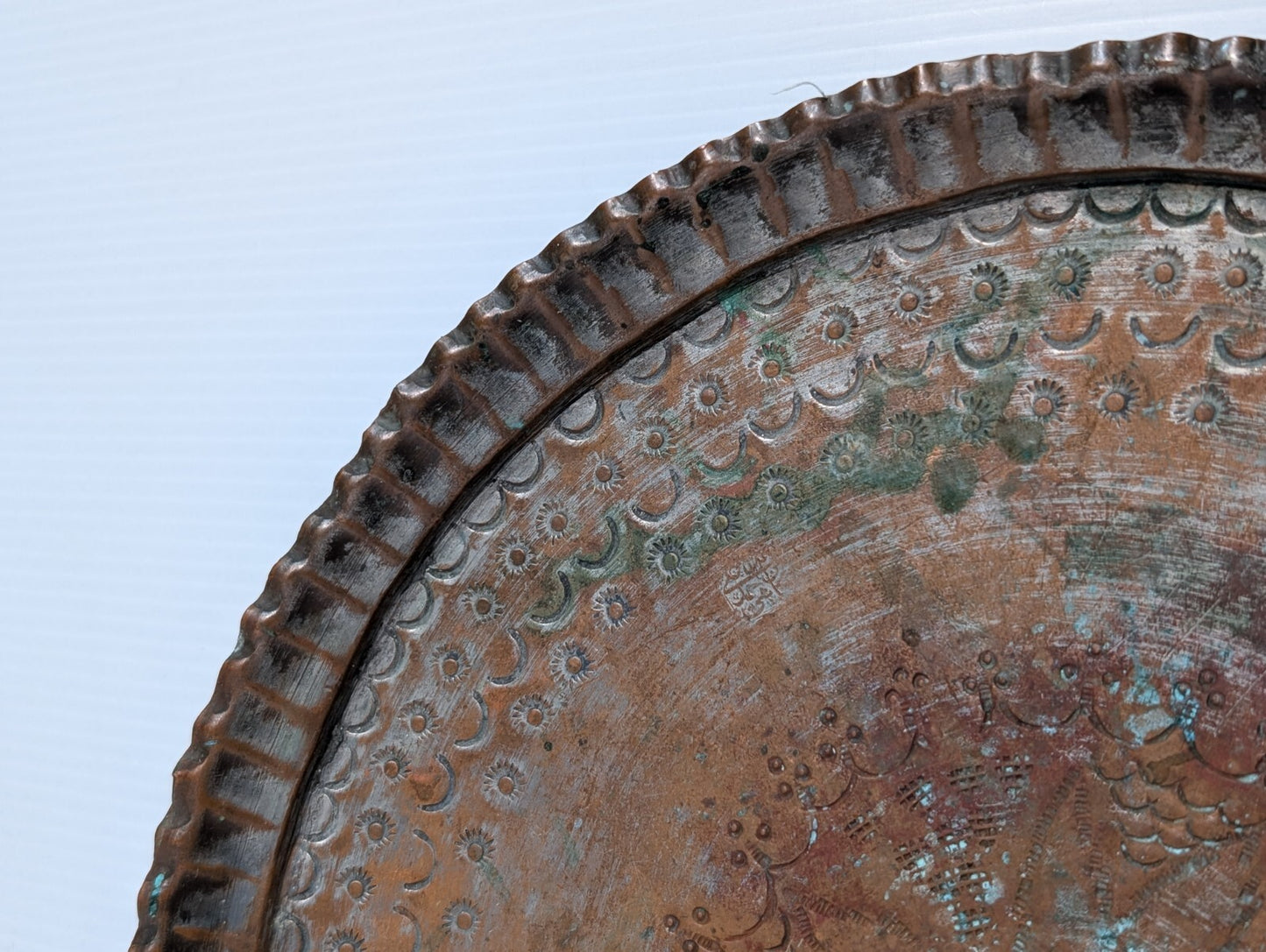 Vintage Hammered + Etched Copper Tray, Possibly Persian or Syrian, 13" Diameter