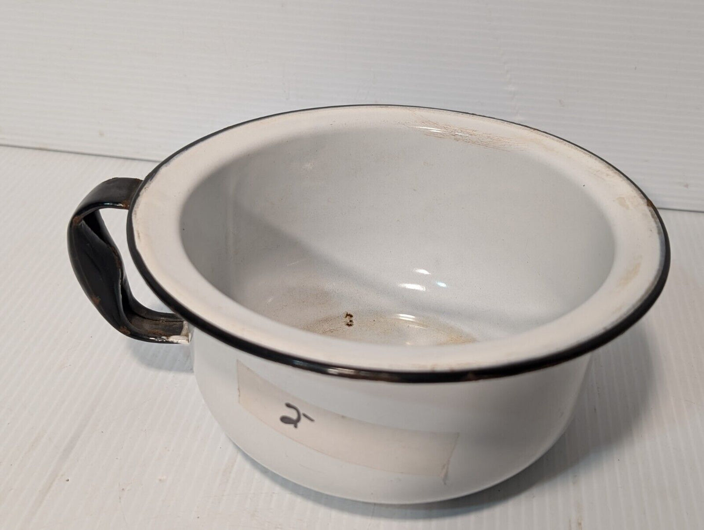 Vintage White Enamel Mug (?) with Large Lip, Black Trim, Handle - Free Shipping