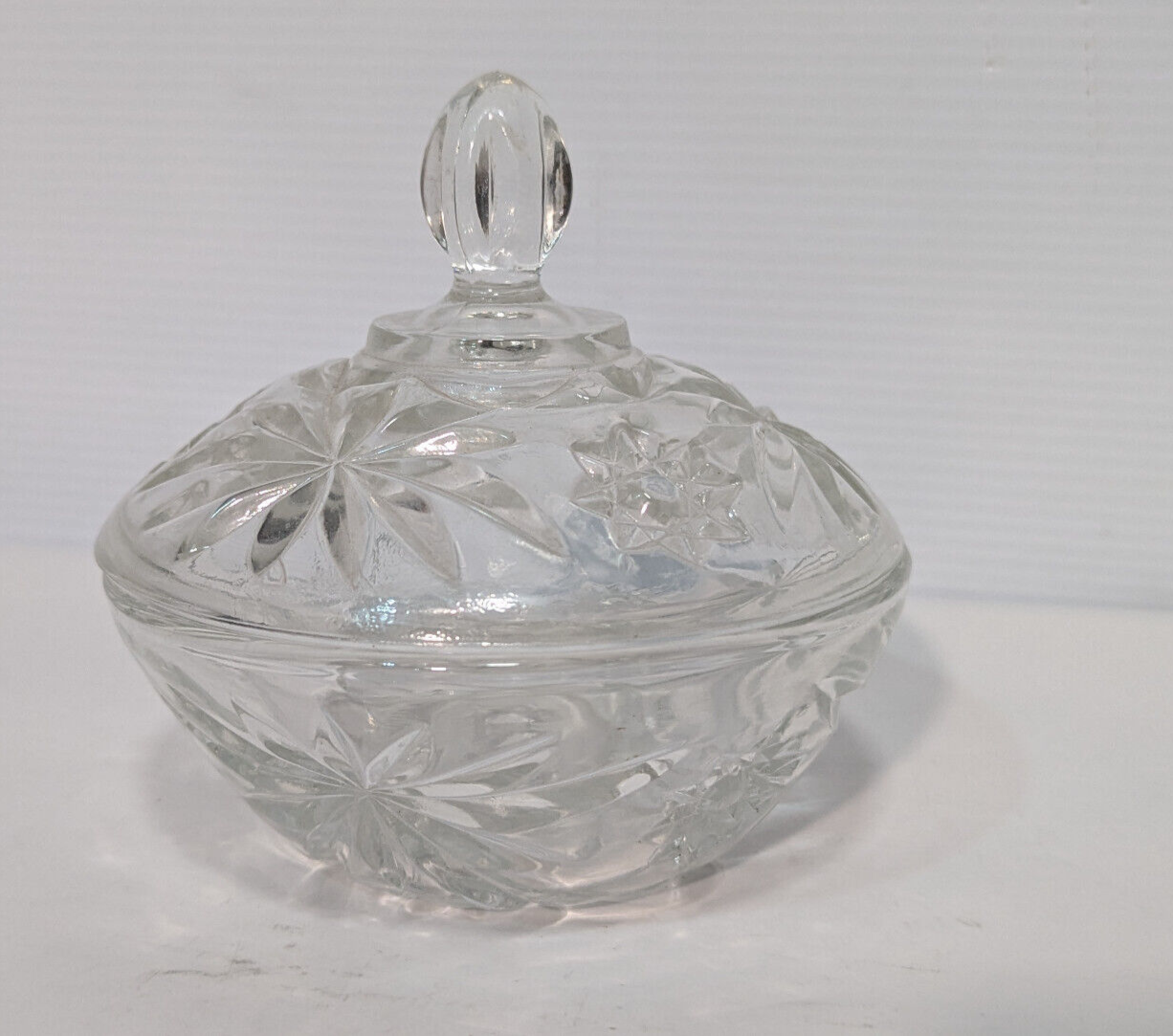 Vintage Antique Crystal Clear Glass Candy Dish, Snack Jar, Lid, Starburst Design
