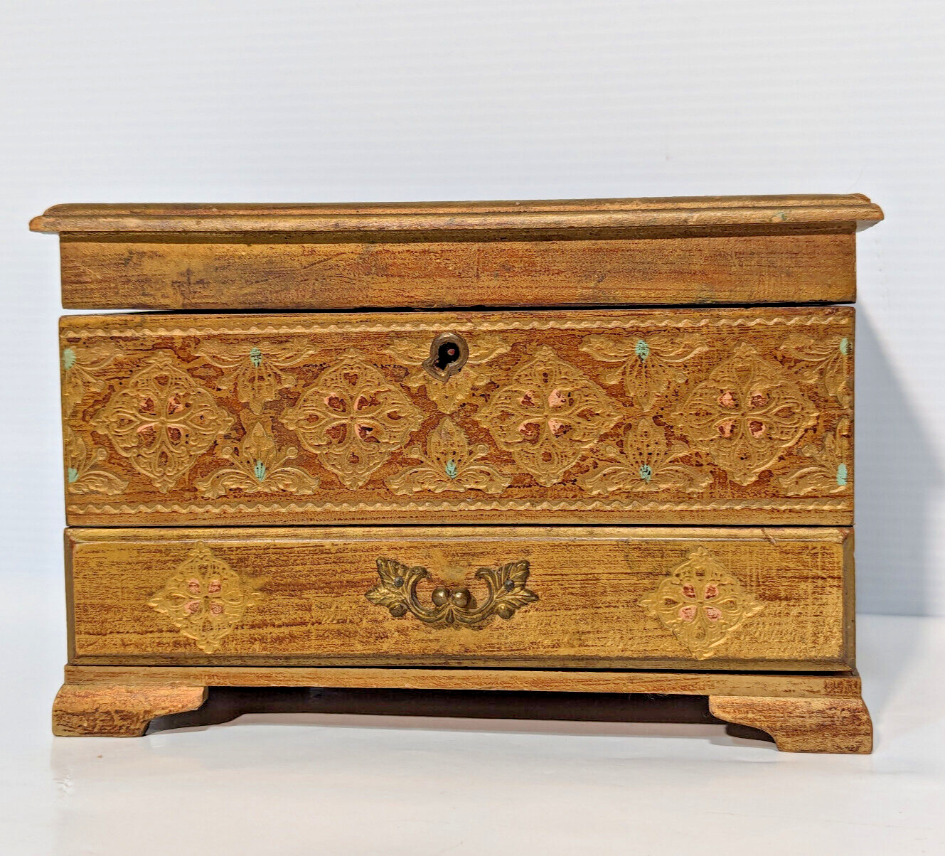 Vintage 1960s Gold Florentine Royal Sealy Wooden Drawer Chest Mirror Jewelry Box