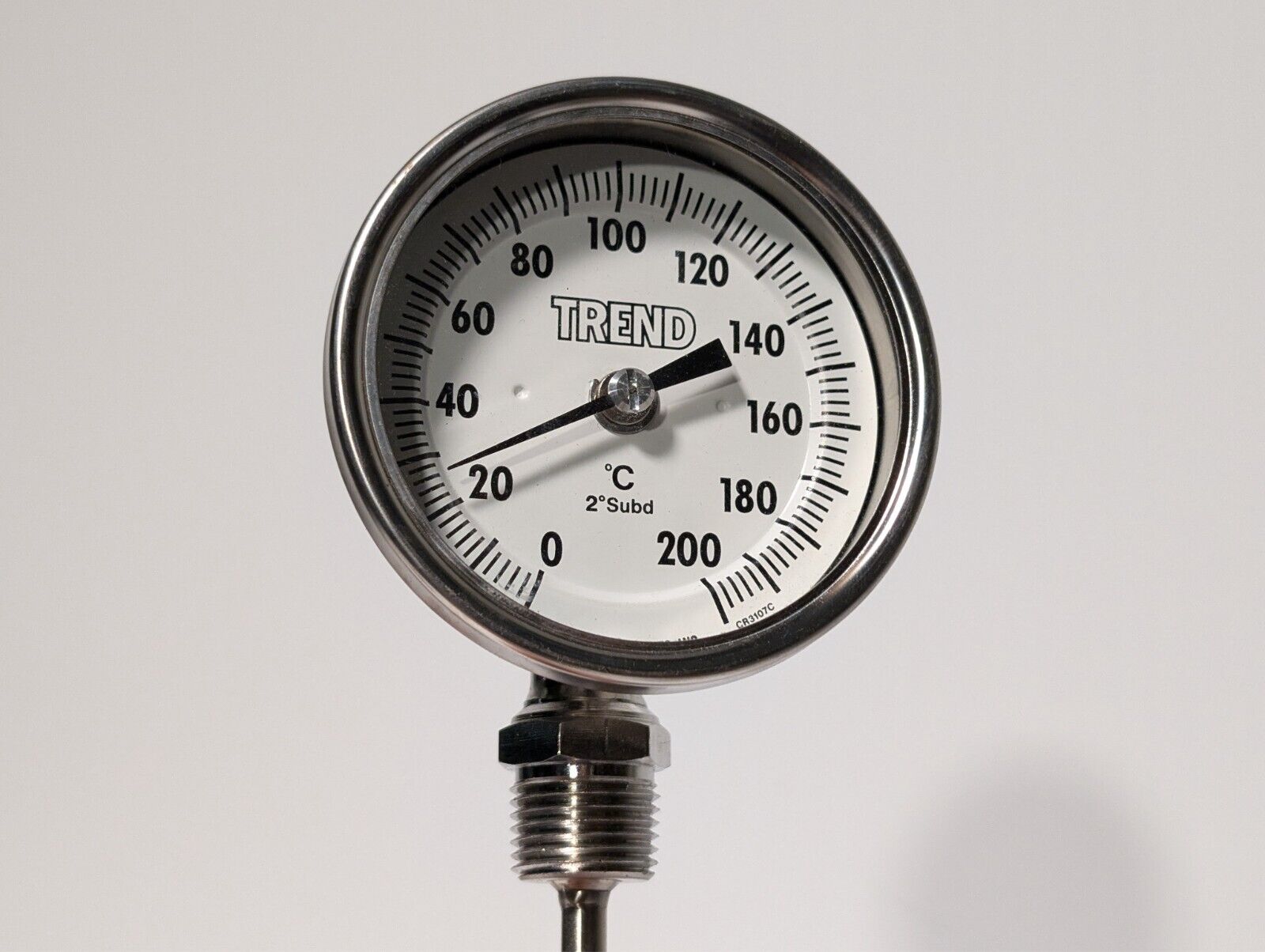 Trend CR3107C bimetal thermometer, 0-200 deg C, 2 deg subd., 3" face, 9" probe