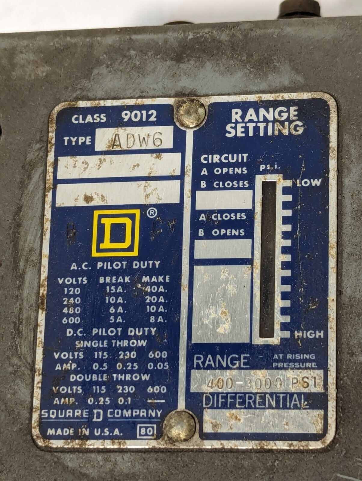 Square D 9012 ADW6 Pressure Switch, AC/DC Pilot Duty, 400-3000PSI, Free Shipping