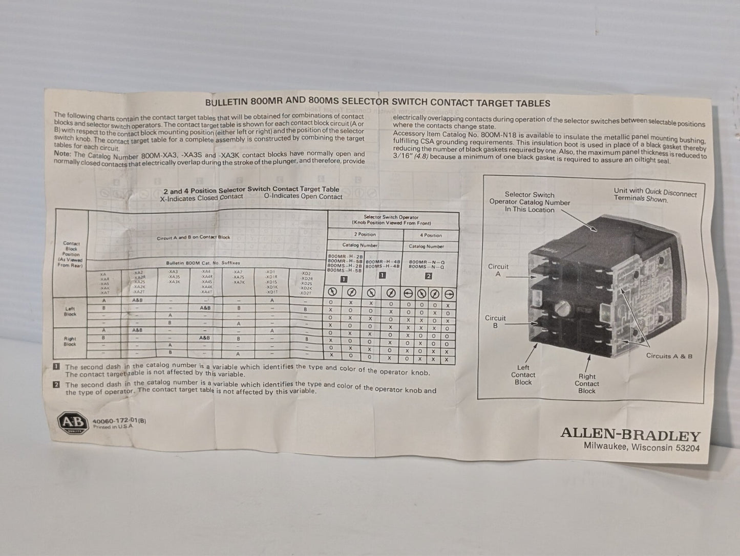 Allen Bradley 800MR-JX9B Ser. A 3 Pos Momentary Oil Tight Selector Switch
