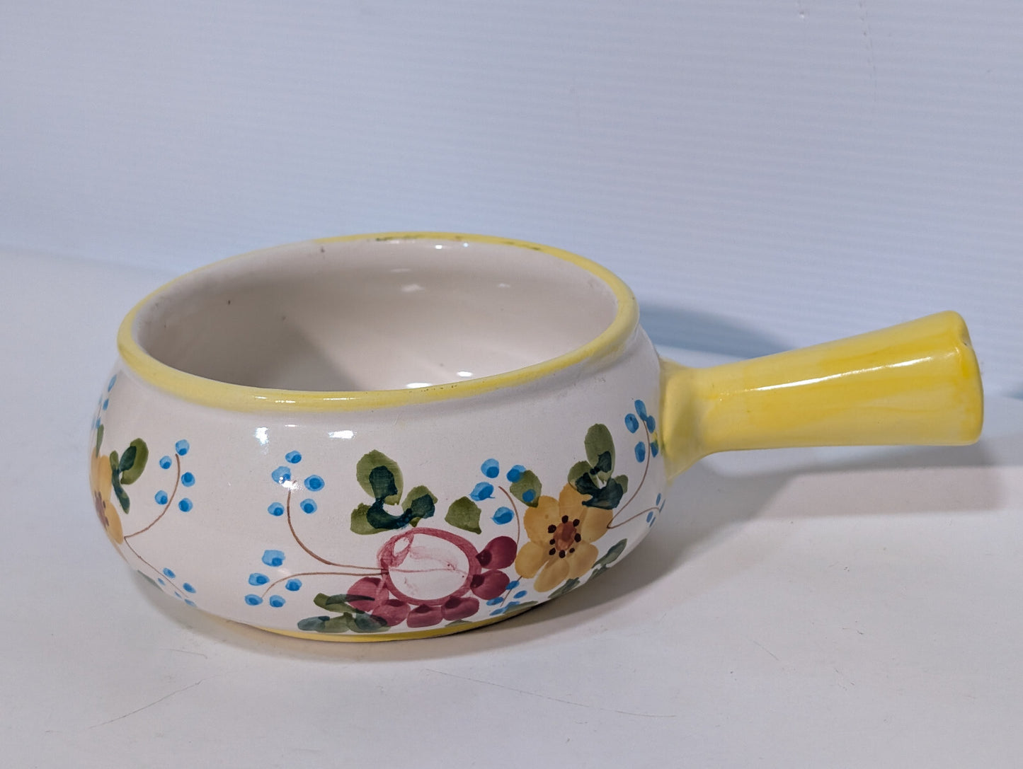Vintage Hand Painted Soup Crock Pot Ceramic Dish Flowers Yellow Blue Green Berry