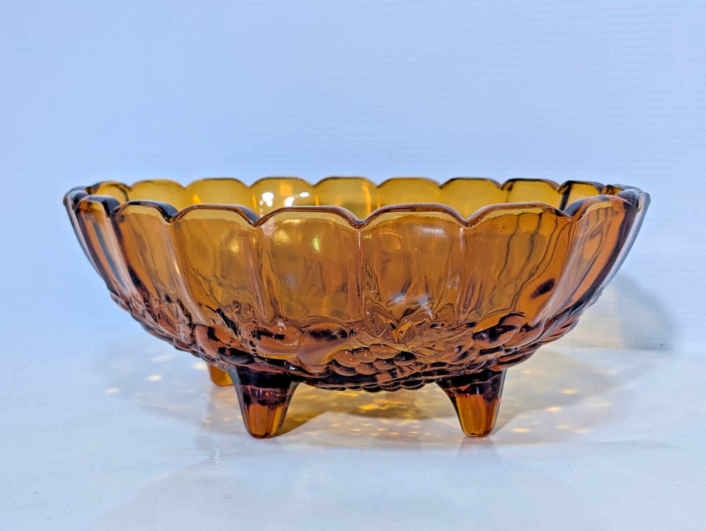 Vintage Antique Amber Gold Indiana Glass Scalloped Footed Fruit Bowl 12"