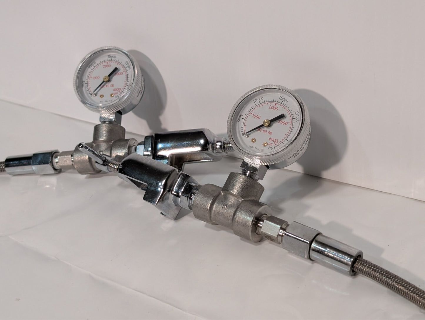 2 Western Medical MG-9W-1 Pressure Gauges on Metal Gas Pipe Cable