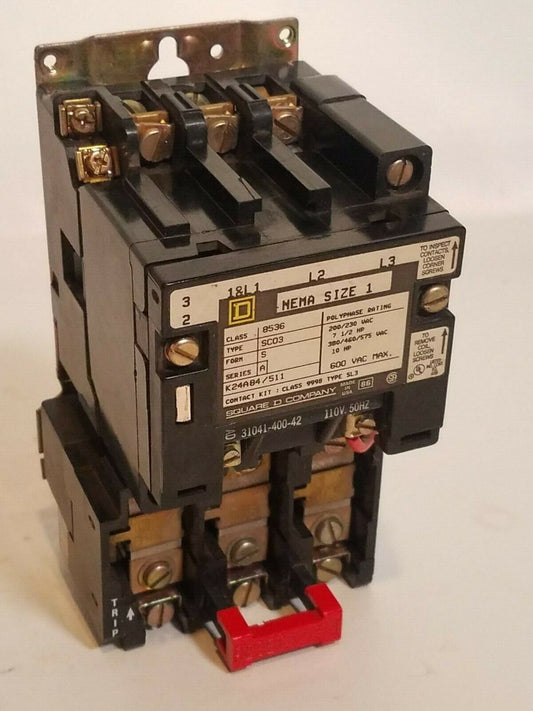 Square D 8536SC03V02S, size 1 motor starter, w/ 110/120VAC coil