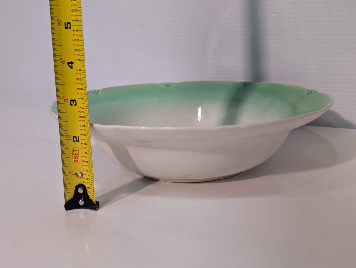 Vintage Porcelain Green + White with Floral Bouquet Serving Bowl 9 1/2" Diameter