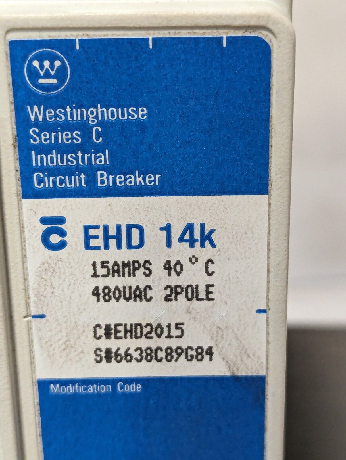 Westinghouse EHD2015 Circuit Breaker, 15A, 480VAC, 125VDC, 2-Pole