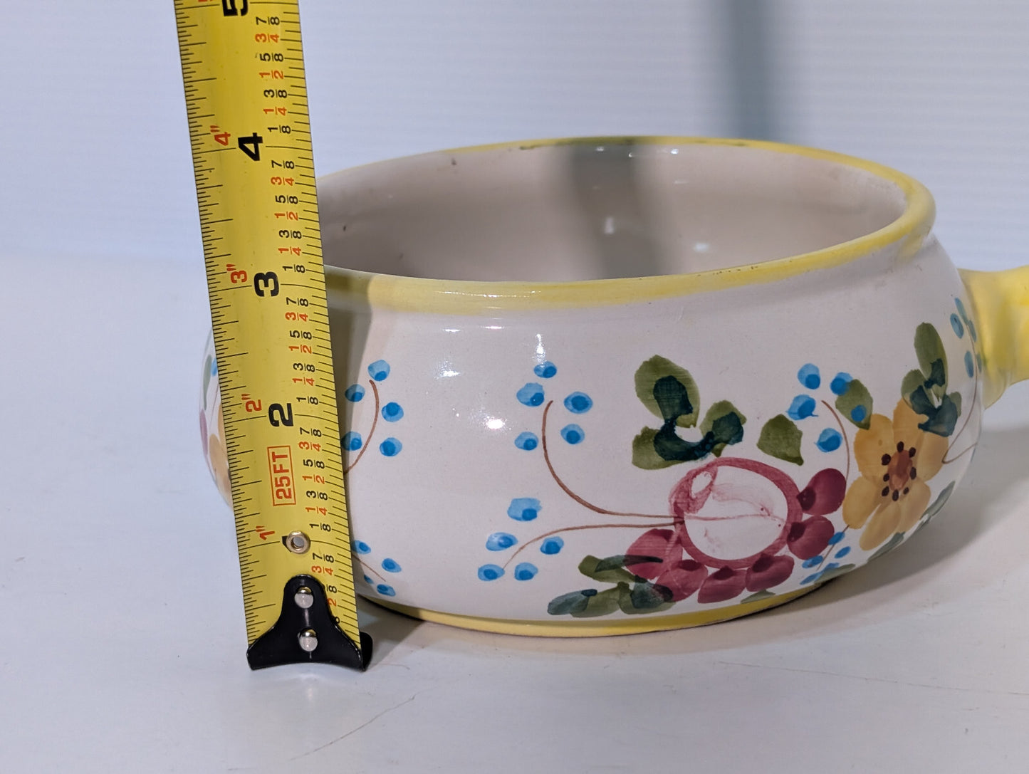 Vintage Hand Painted Soup Crock Pot Ceramic Dish Flowers Yellow Blue Green Berry