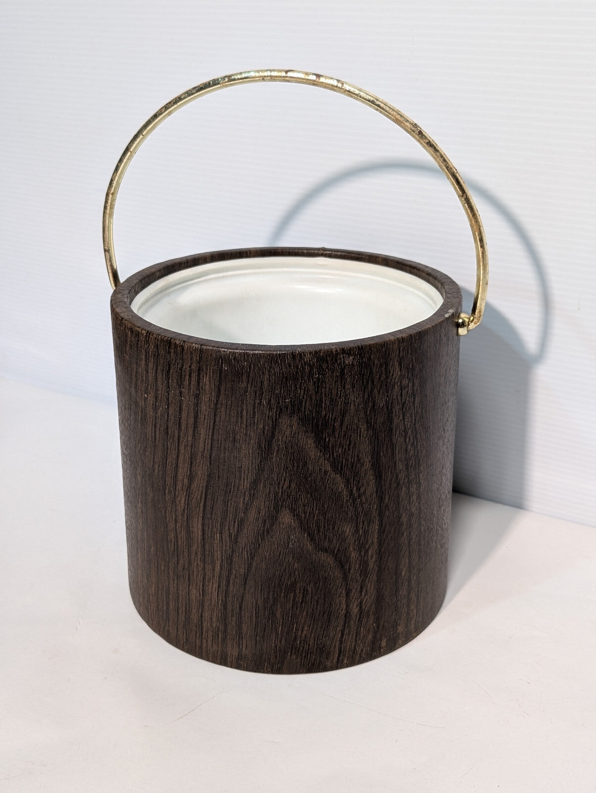 Vintage 1970s Party Ice Bucket Vinyl Faux Wood Grain Gold Handle, No Lid