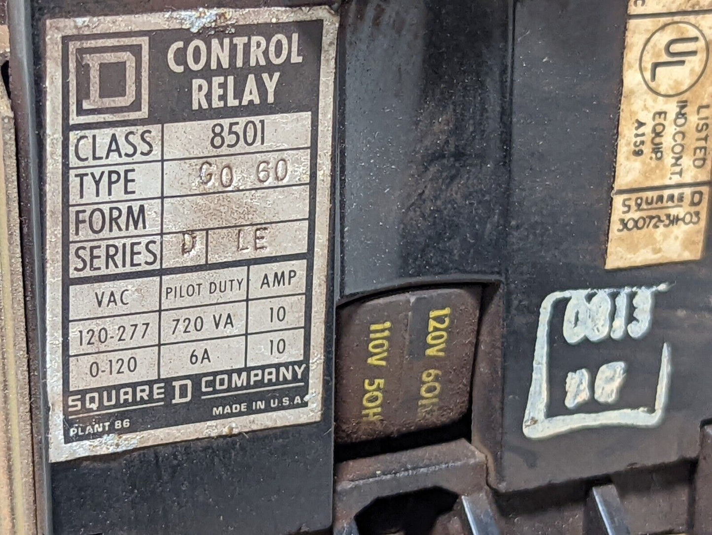 Square D 8501GO60 control relay, 110/120VAC coil