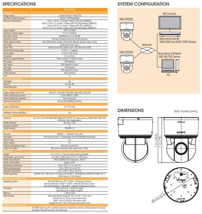 Sony SNC-EP520 IPELA Commercial PTZ Surveillance Camera, Day\Night, 360º Swivel
