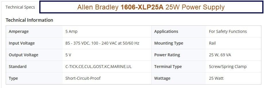 Allen Bradley 1606-XLP25A Power Supply, 25W, 100-240VAC - Free Shipping