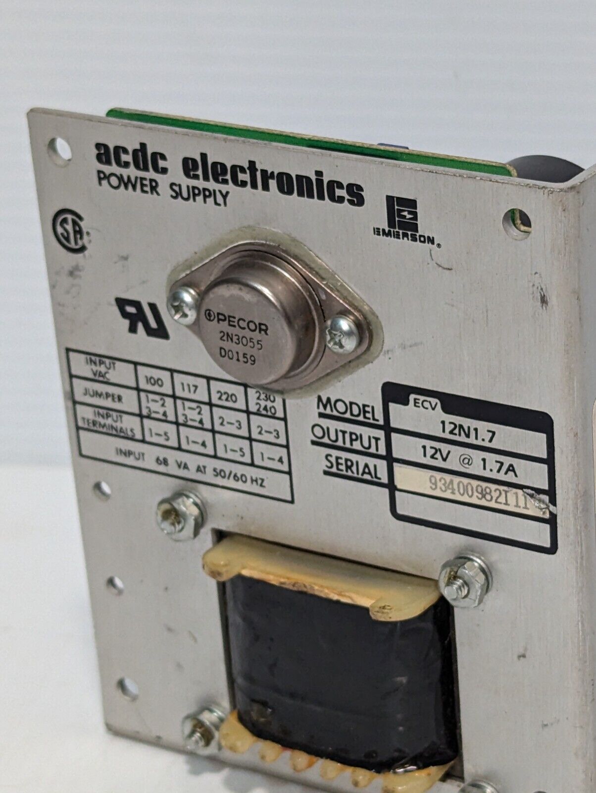 ACDC Electronics 12N1.7 DC Power Supply 100-240Vac Input 12 VDC 1.7A Output