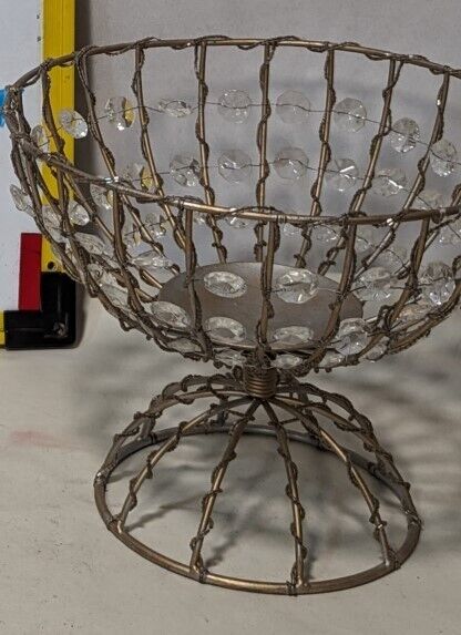 Vintage round metal basket with bead accents. Pedestal. 8.5"H x 10"(top) dia.
