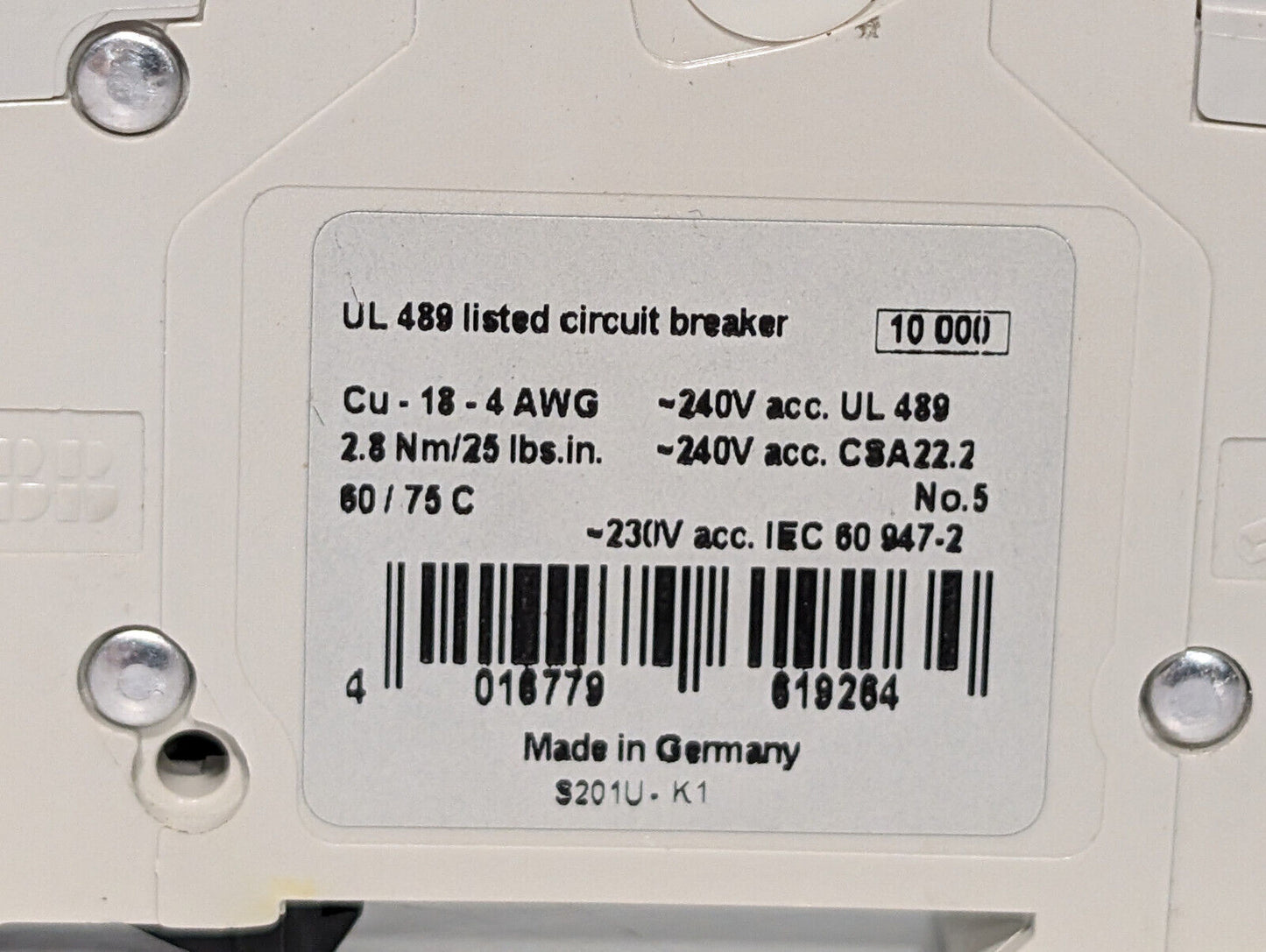 ABB S201U-K1 Circuit Breaker, 1-Pole, 240 VAC, 1 A, Trip Curve K