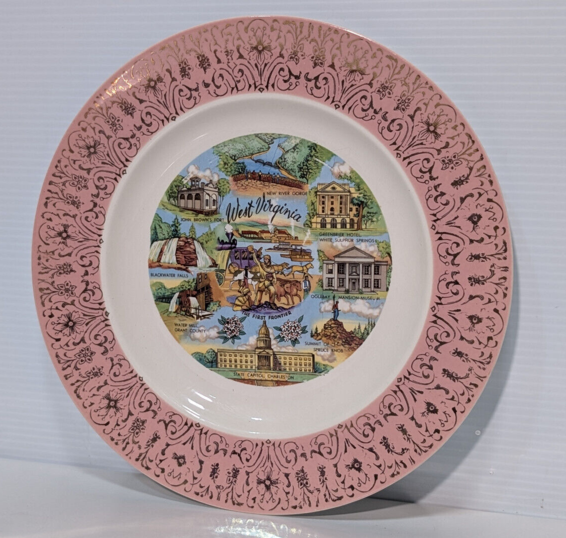 Vintage West Virginia "The First Frontier" 10" Collectable Souvenier Plate Gold