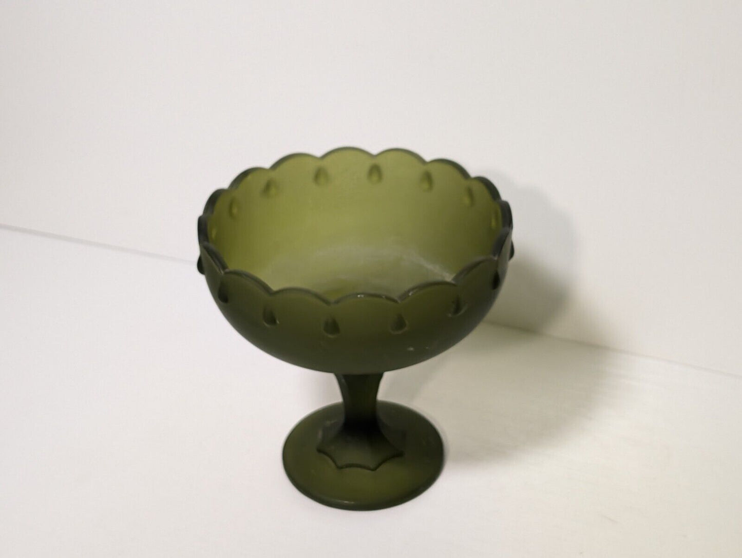 Vintage Indiana Green Frosted Stemmed Pedestal Glass Bowl - Teardrop Pattern
