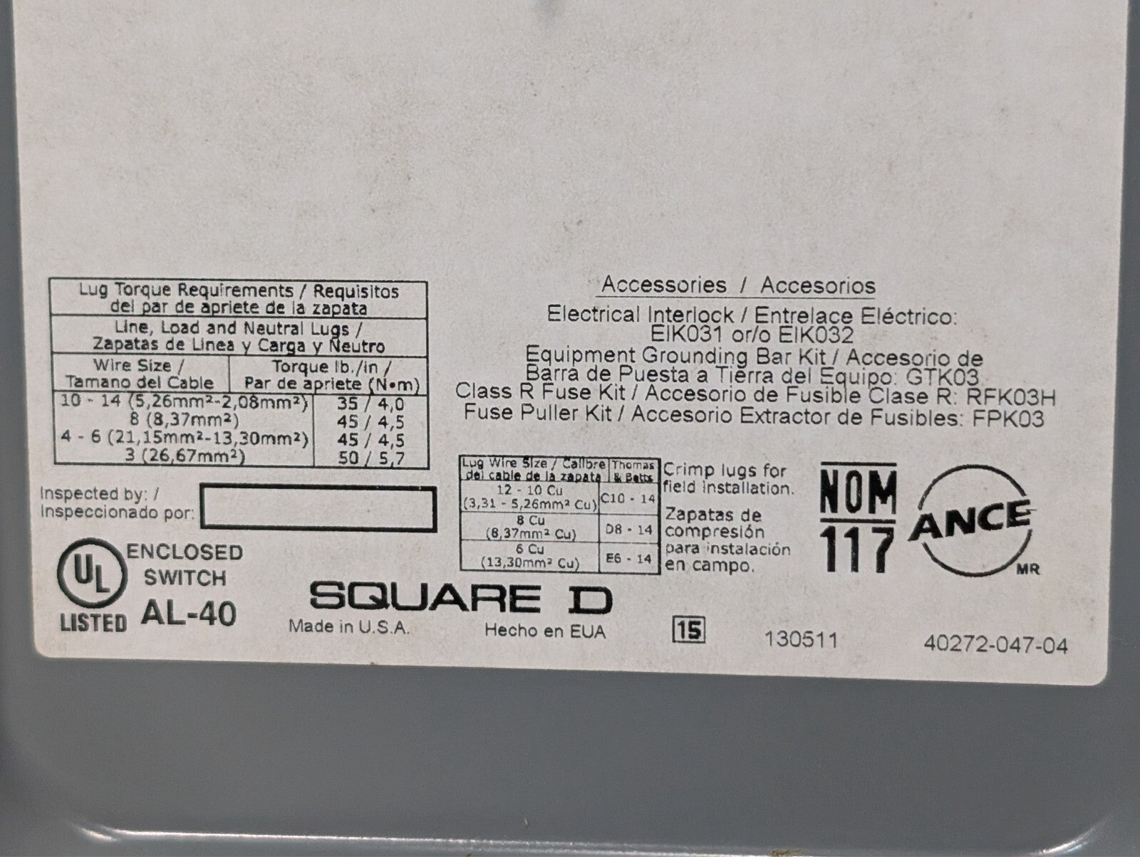 Square D D322N General Duty Safety Switch Fusible 60A 3PH 240VAC FRN-R-35 Fuses