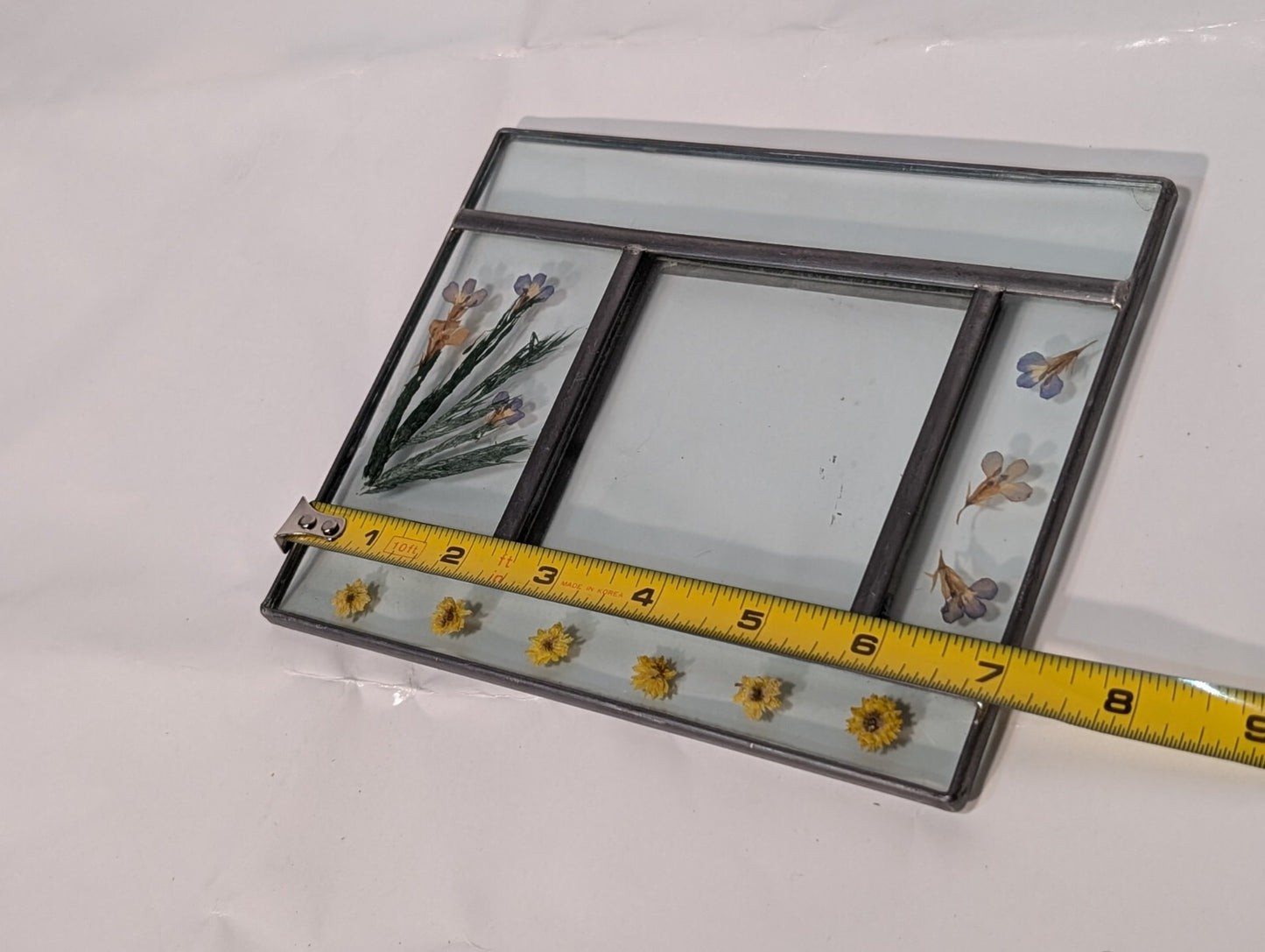 Unique Leaded Glass Panel with Flowers, Rectangular 7" Wide x 5.5" Tall