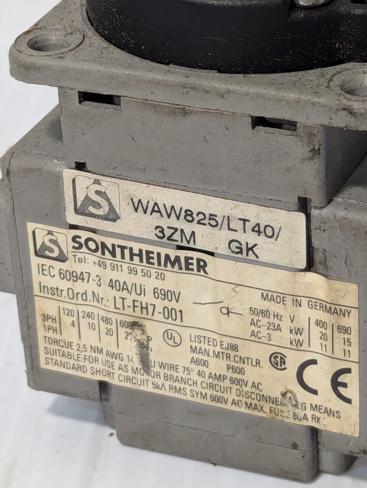 Sontheimer WAW825/LT40/3ZM Selector Switch, 690V, 40A, No Knob - Free Shipping