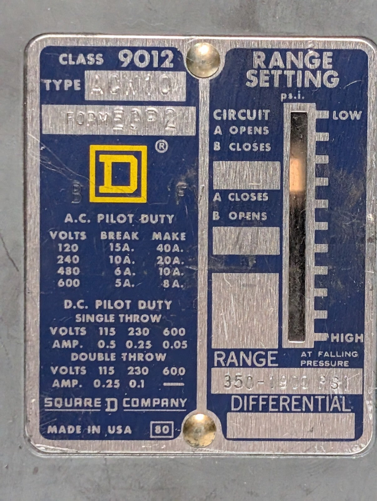 Square D Class 9012 A0W10 Pressure Switch