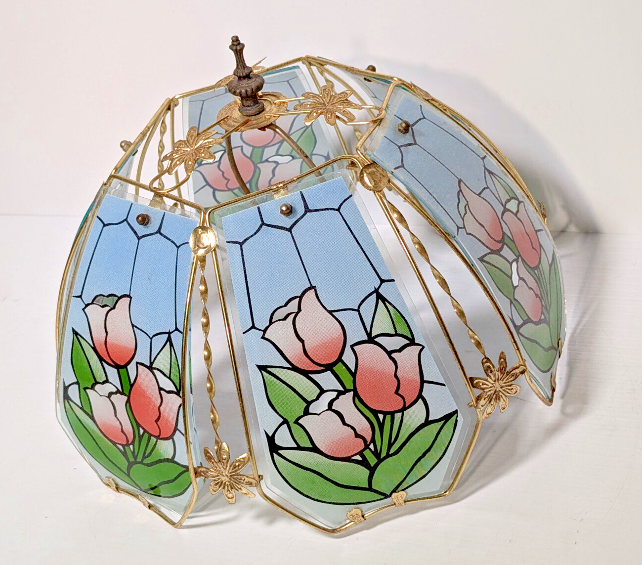 Vintage 80's Tiffany Style Tulip Glass, Brass Lamp Shade Sky Blue, Pink, Green
